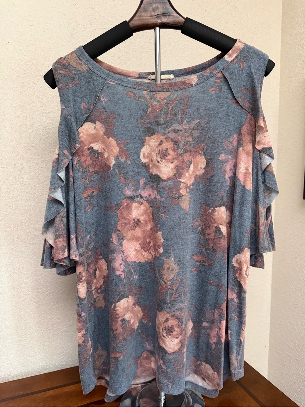 ODDY Blue Floral Cold-Shoulder Top with Pink Roses
